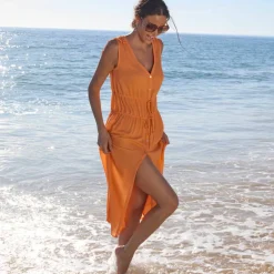 Robe de plage longue, crépon uni