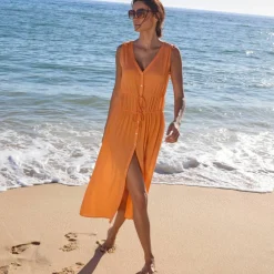 Robe de plage longue, crépon uni