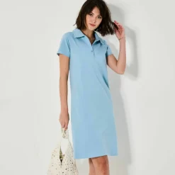 Robe droite col polo unie, maille stretch