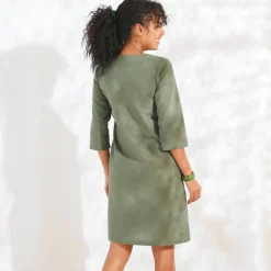 Robe forme housse unie, mélange coton-lin