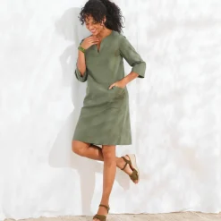 Robe forme housse unie, mélange coton-lin