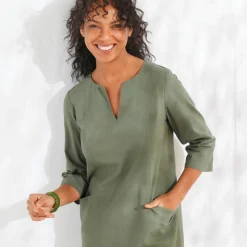 Robe forme housse unie, mélange coton-lin
