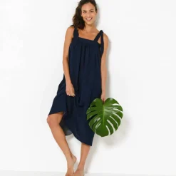 Robe housse à bretelles nouées effet denim, gaze de coton
