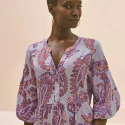 Robe imprimée col tunisien, manches boules