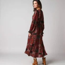 Robe longue bohème imprimé patchwork, en crépon