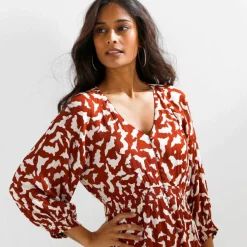 Robe longue boutonnée, crépon, imprimé graphique