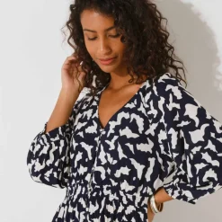 Robe longue boutonnée, crépon, imprimé graphique