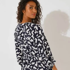 Robe longue boutonnée, crépon, imprimé graphique
