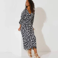 Robe longue boutonnée, crépon, imprimé graphique