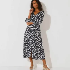Robe longue boutonnée, crépon, imprimé graphique