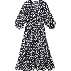 Robe longue boutonnée, crépon, imprimé graphique