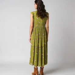 Robe longue col V, en crépon imprimé bouquets fleuris