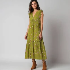 Robe longue col V, en crépon imprimé bouquets fleuris