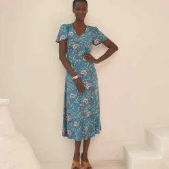 Robe longue col V imprimée, manches papillon
