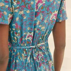 Robe longue col V imprimée, manches papillon
