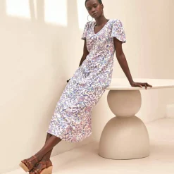 Robe longue col V imprimée, manches papillon