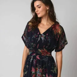 Robe longue col V, voile imprimé floral