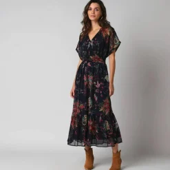 Robe longue col V, voile imprimé floral