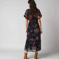 Robe longue col V, voile imprimé floral