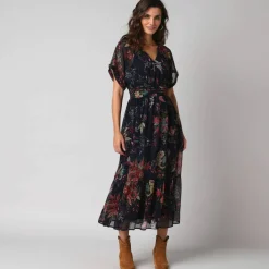 Robe longue col V, voile imprimé floral
