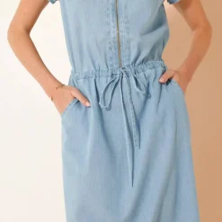 Robe longue col zippé, denim léger