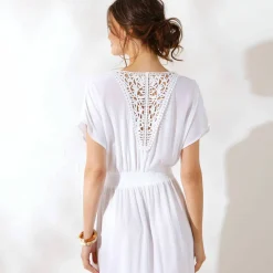Robe longue crépon, détail macramé