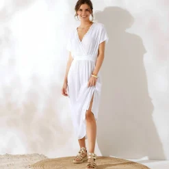 Robe longue crépon, détail macramé
