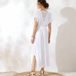 Robe longue crépon, détail macramé