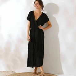 Robe longue crépon, détail macramé