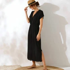 Robe longue crépon, détail macramé