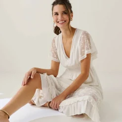 Robe longue crépon et tulle brodé