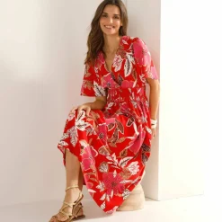 Robe longue décolleté cache-coeur, crêpe imprimé
