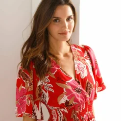 Robe longue décolleté cache-coeur, crêpe imprimé