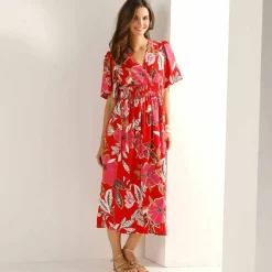 Robe longue décolleté cache-coeur, crêpe imprimé