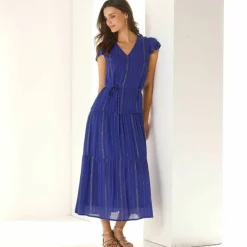 Robe longue en crépon, fils brillants