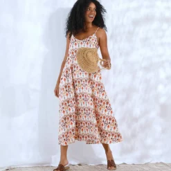 Robe longue à fines bretelles, imprimé fantaisie