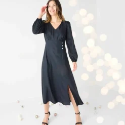 Robe longue fluide col V unie