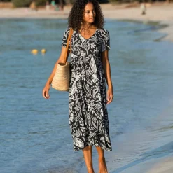 Robe longue imprimée col V, crépon