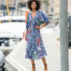 Robe longue imprimée, crépon