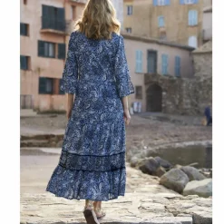 Robe longue imprimée manches 3/4 fendues