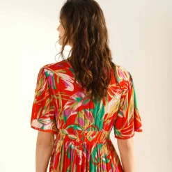 Robe longue macramé, imprimé tropical
