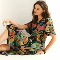 Robe longue macramé, imprimé tropical