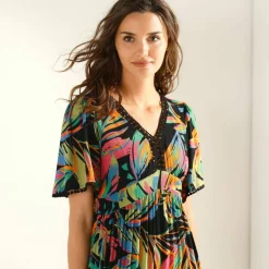 Robe longue macramé, imprimé tropical