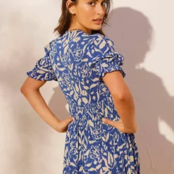 Robe longue manches courtes, crépon imprimé