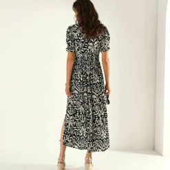 Robe longue manches courtes, crépon imprimé