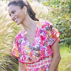 Robe longue manches volantées, imprimé multicolore