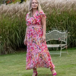 Robe longue manches volantées, imprimé multicolore