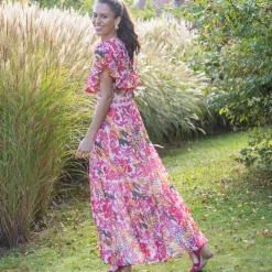 Robe longue manches volantées, imprimé multicolore