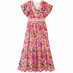 Robe longue manches volantées, imprimé multicolore
