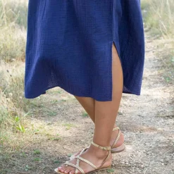 Robe longue unie col V, gaze de coton